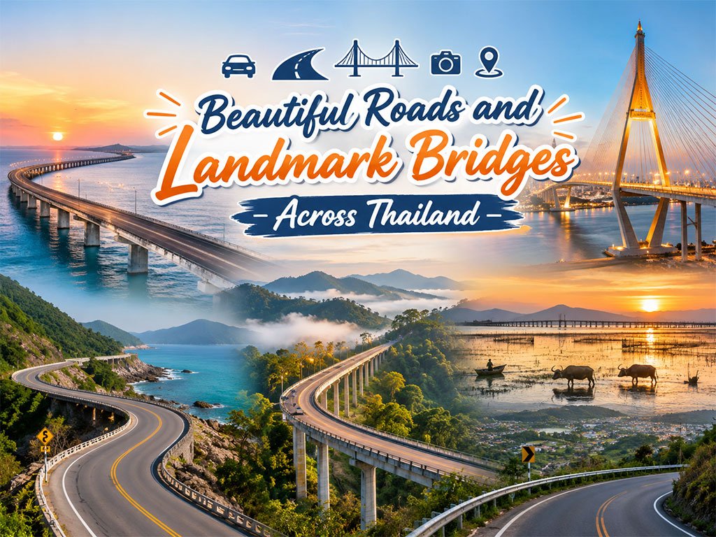 Vackra vägar och landmärkesbroar i Thailand